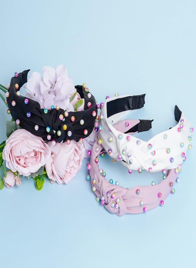 Sucrain 3 Pcs Pearl Knotted Headbands for Women Girls Colorful Jeweled Embellished Gem Faux Pearl Cross Knot Twisted Hairband Turban Headband Hair Accessories(Black,White,Pink) - Image 5